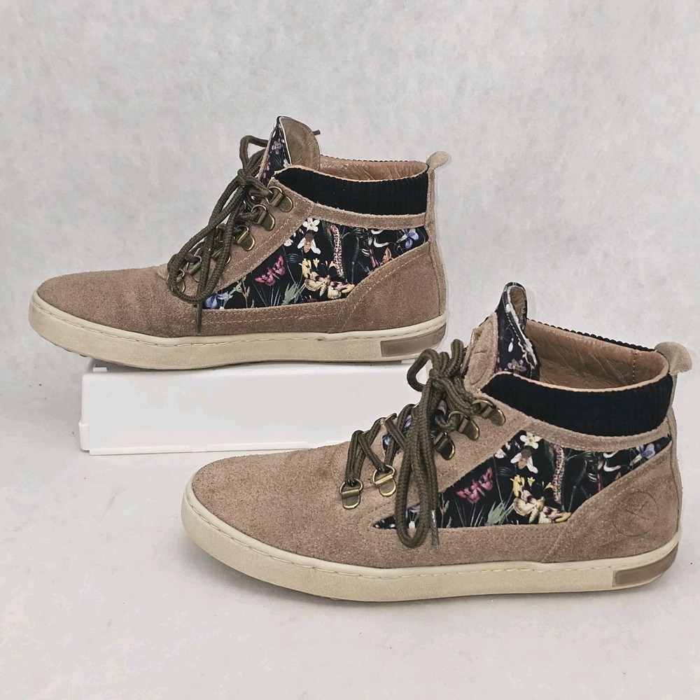Inkkas Monterey Trekk Shoes Women Size 9 Beige Suede Floral Ankle Bootie Lace Up